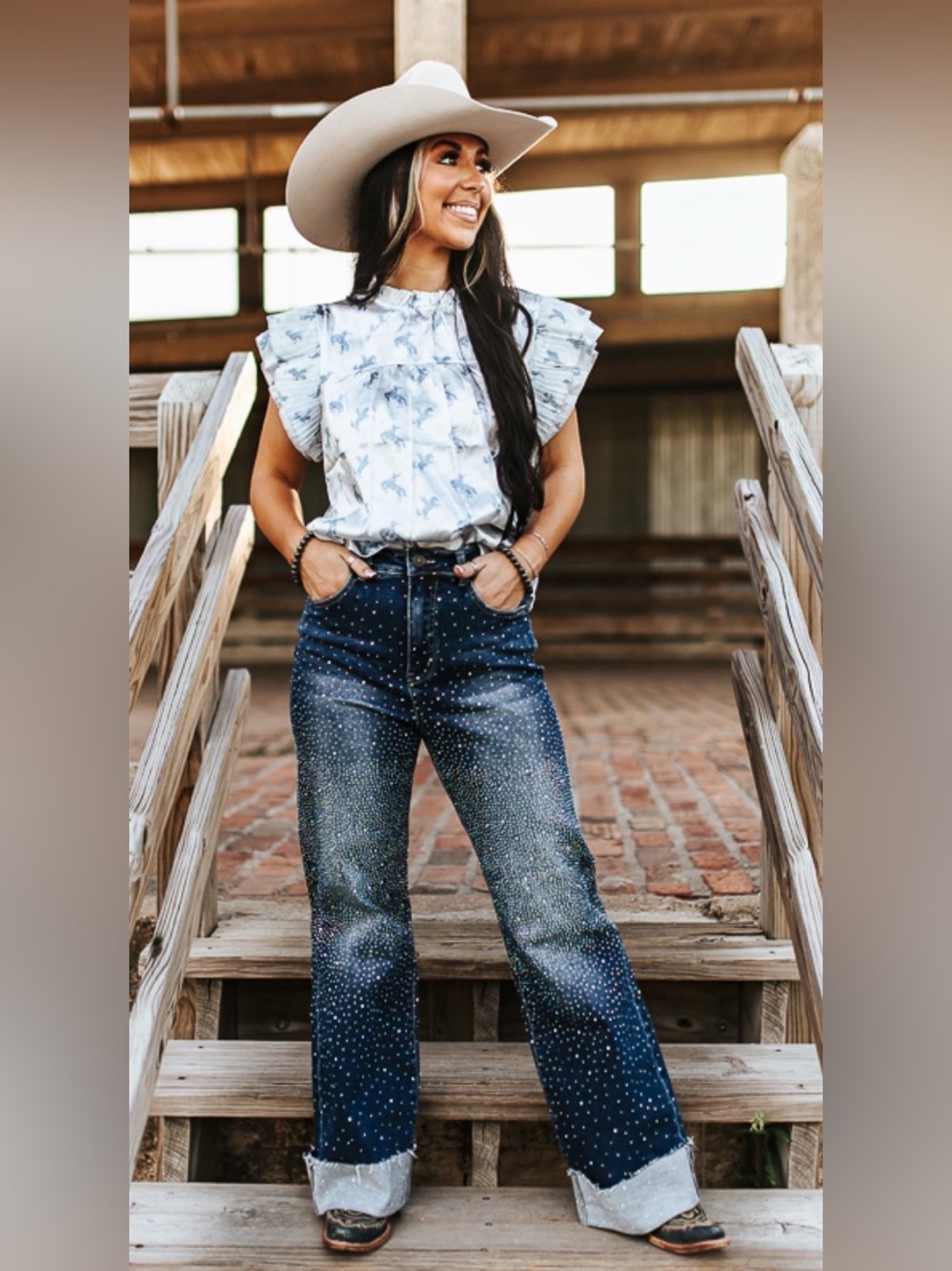 Lucky & Blessed Rhinestone Embellished Dark Blue Flare Jeans - Women's - Picture 4 of 4